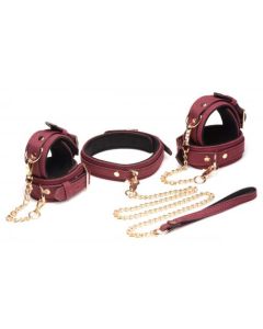 6-delige BDSM Suede Boeienset Met Collar En Riem - Bordeaux