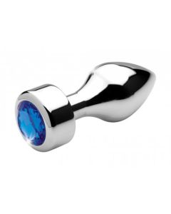 Aluminum Buttplug Met Blauw Kristal  - Medium