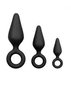 Zwarte buttplugs met trekring - setje